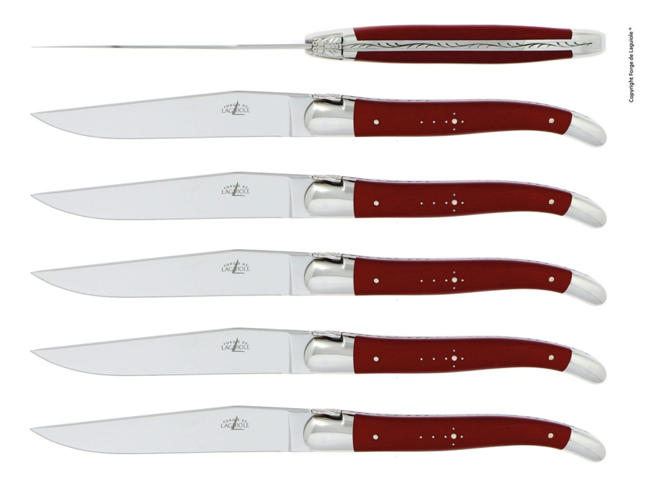 Set med 6 handgjorda köttknivar, handtag av röd micarta - Forge de Laguiole i gruppen Dukning / Bestick / Knivar hos KitchenLab (1446-24424)