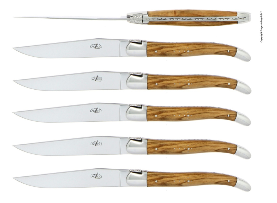 Set med 6 handgjorda köttknivar, handtag av olivträ - Forge de Laguiole i gruppen Dukning / Bestick / Knivar hos KitchenLab (1446-26107)